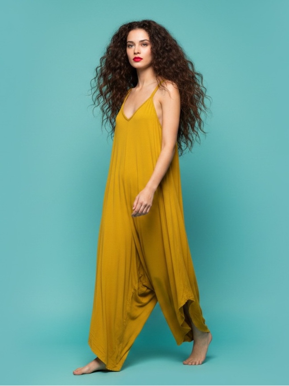 MSK Boho Wide Leg Mustard Yellow Harem Jumpsuit Size M